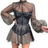 Black polka dot mesh long sleeve slim dress with lace corset bodice high neck and flared bell sleeves