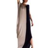 LuckeLadybug beige and black color block maxi round neck dress with side slit and short sleeves