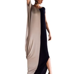 LuckeLadybug beige and black color block maxi round neck dress with side slit and short sleeves