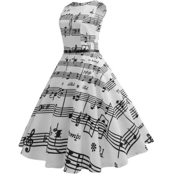 Retro Music Print Dress 50s Swing Style 2 Retro Music Print Dress 50s Swing Style LuckeLadybug princess sleeveless vintage fit and flare retro music print dress with full swing skirt