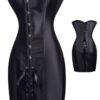 black gothic corset dress with strapless sweetheart neckline, satin finish, front busk closure and back lace up