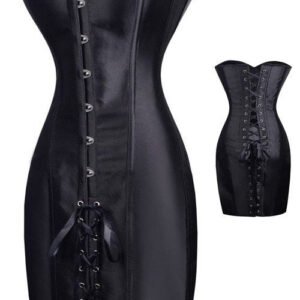 black gothic corset dress with strapless sweetheart neckline, satin finish, front busk closure and back lace up