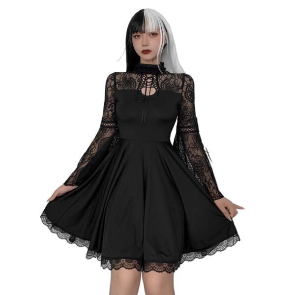 LuckeLadybug trendy lace detail cocktail dress black fit and flare with long lace sleeves and scalloped hem