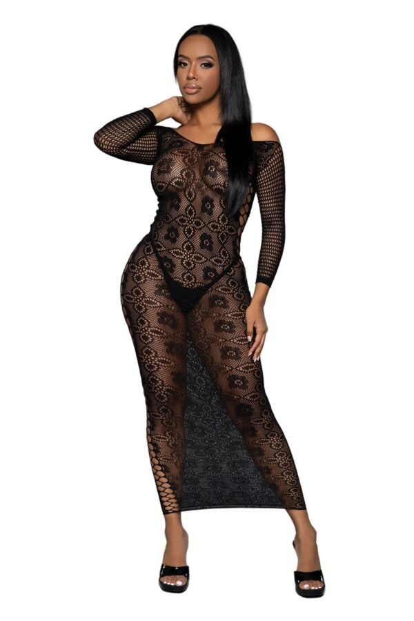 Late Last Night Night Dress Sheer Bodystocking 1 Late Last Night Night Dress Sheer Bodystocking Late Last Night Night Dress black sheer lace bodystocking off shoulder long sleeve floor length from LuckeLadybug LLC
