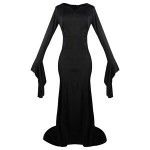 LuckeLadybug black long sleeve mermaid hem dress with dramatic flared sleeves Wednesday inspired costume for women