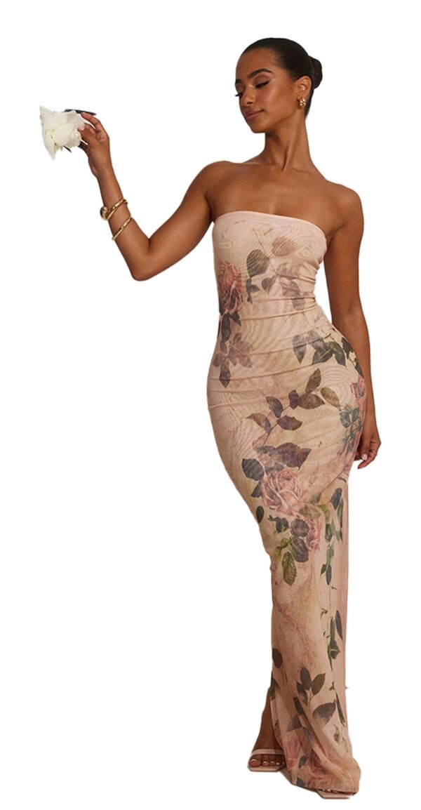 Strapless LuckeLadybug autumn slim fit sheath dress with vintage floral print long nude pink bodycon gown
