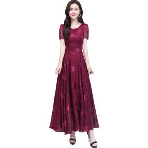 Elegant burgundy floral maxi dress for women with short sleeves and flowing skirt