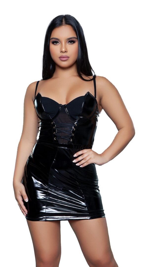 Model wearing LuckeLadybug LLC black faux leather mini dress with corset lace up bodice and straps