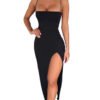 LuckeLadybug black spaghetti strap party dress for women with thigh-high slit and fitted silhouette