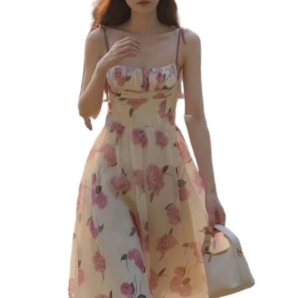 LuckeLadybug retro floral A-line dress for women cream sundress with pink rose print tie straps and flowing skirt