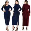 Plus size sequin dress in navy and red with three-quarter sleeves and side slit, styled by LuckeLadybug