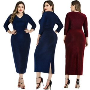 Plus size sequin dress in navy and red with three-quarter sleeves and side slit, styled by LuckeLadybug