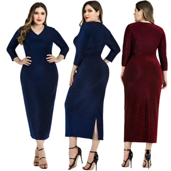 Plus size sequin dress in navy and red with three-quarter sleeves and side slit, styled by LuckeLadybug