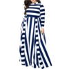 Plus size striped maxi dress in navy and white with long sleeves and high neckline