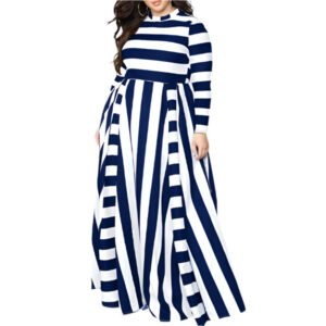 Plus size striped maxi dress in navy and white with long sleeves and high neckline