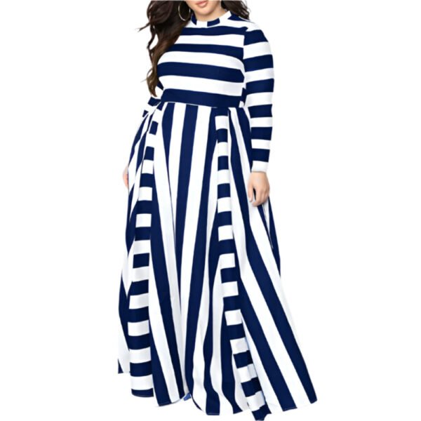 Plus size striped maxi dress in navy and white with long sleeves and high neckline