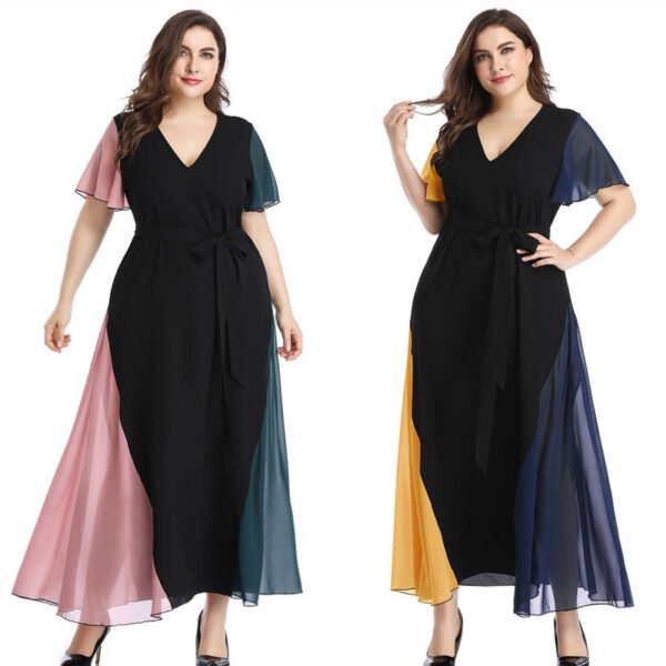 LuckeLadybug plus size summer maxi dress with color block chiffon sleeves and waist tie belt