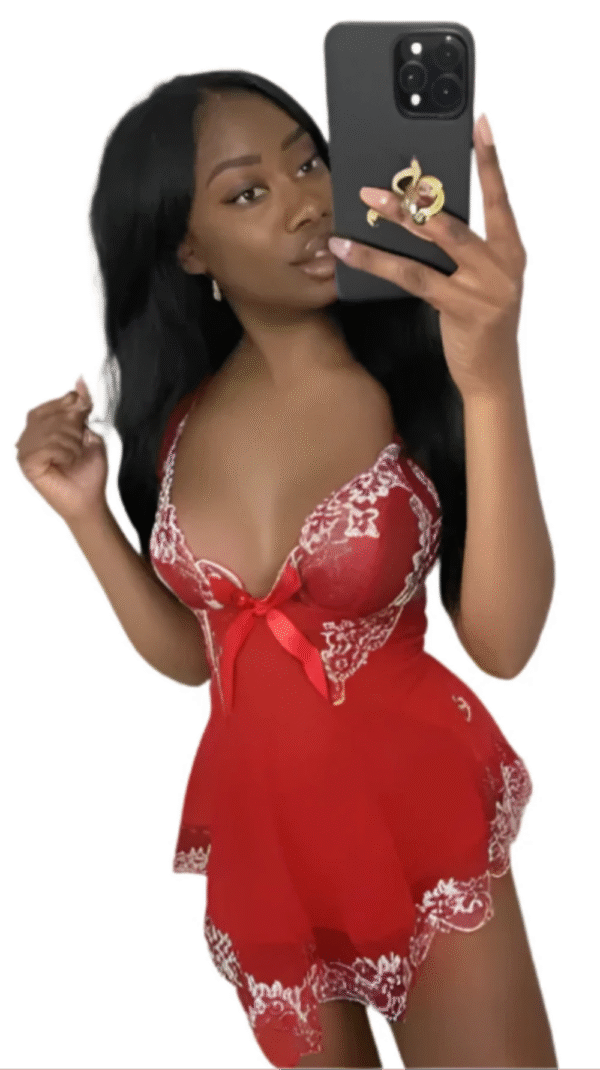 LuckeLadybug red v-neck suspender lingerie for women babydoll with lace trim and bow detail