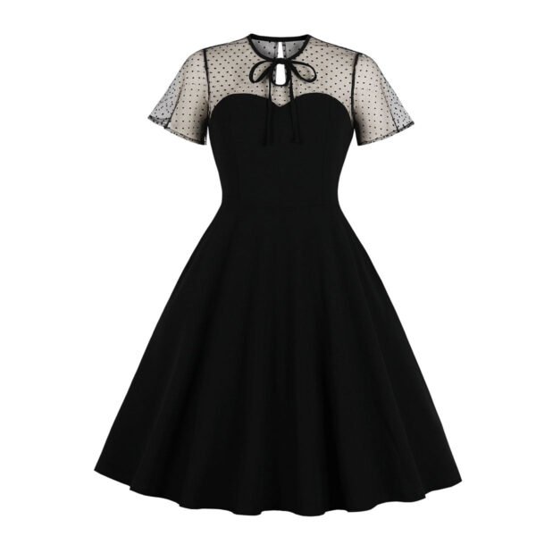 LuckeLadybug black retro swing dress with polka dot mesh yoke bow tie neckline fitted waist full skirt