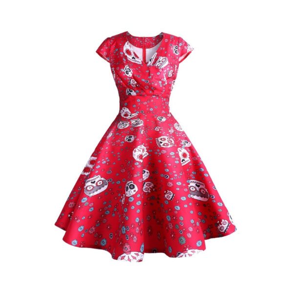 LuckeLadybug red vintage fit and flare cocktail dress for women with sugar skull print and cap sleeves