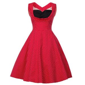 LuckeLadybug retro floral swing dress style red polka dot midi dress with sweetheart neckline and full skirt