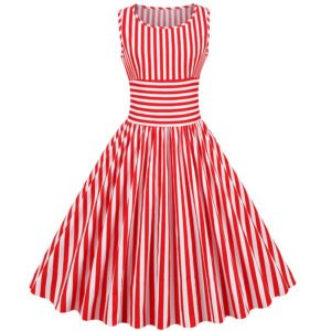 LuckeLadybug red and white striped retro swing dress sleeveless fitted waist full vintage 1950s skirt