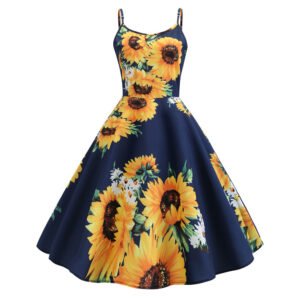 LuckeLadybug navy sundress with spaghetti straps and full flared skirt featuring large yellow sunflower print swing dress summer