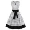 LuckeLadybug white sleeveless swing waist dress with black bow print V neck black sash bow and contrasting black hem