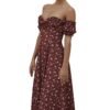 LuckeLadybug romantic summer floral dress in maroon with off-shoulder puff sleeves and midi length