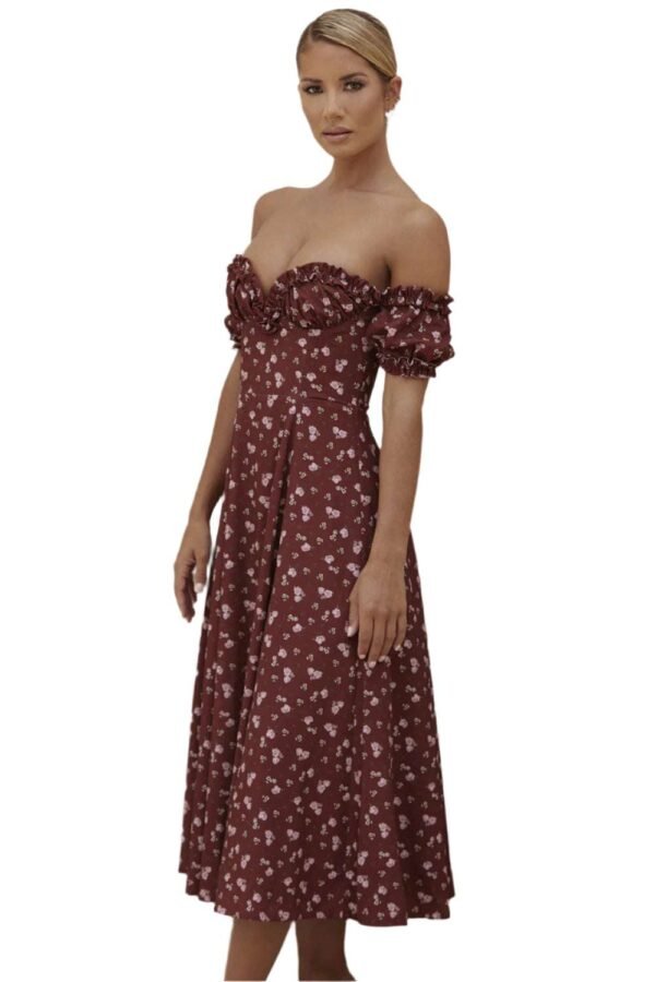 LuckeLadybug romantic summer floral dress in maroon with off-shoulder puff sleeves and midi length