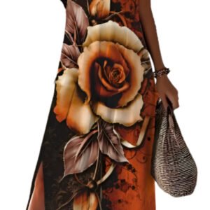 LuckeLadybug rose print v-neck dress with side split in orange and black floral design