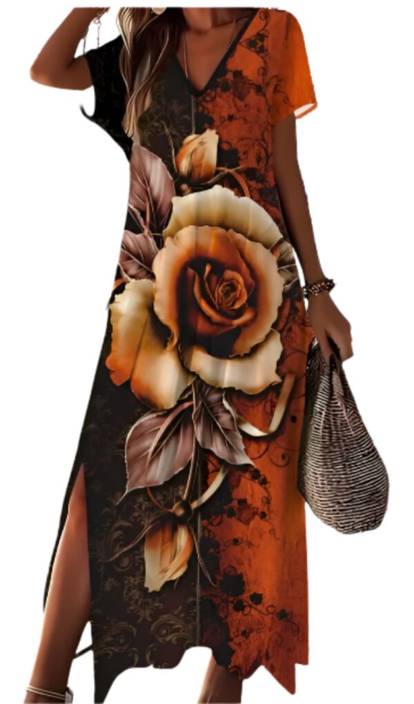 LuckeLadybug rose print v-neck dress with side split in orange and black floral design