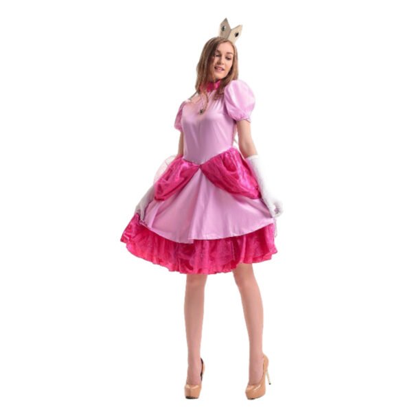 LuckeLadybug pink puff sleeve costume with layered skirt tiara white gloves and heels princess dress for women