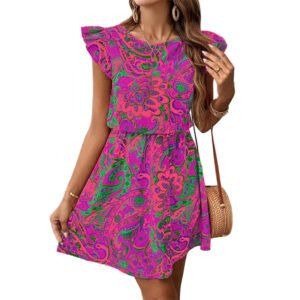 LuckeLadybug ruffle sleeve A-line midi dress in bright pink paisley print with flutter sleeves and cinched waist for summer