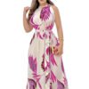 Luckeladybug Sleeveless Vacation Maxi Dress With Belt 4 Luckeladybug Sleeveless Vacation Maxi Dress With Belt LuckeLadybug sleeveless vacation maxi dress with pink floral print and waist tie on a model