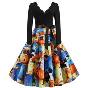 Halloween V-neck swing dress black long sleeve scalloped neckline with pumpkin print swing skirt and waist bow