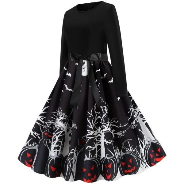 Halloween Retro Swing Dress Pumpkin Print 1 Halloween Retro Swing Dress Pumpkin Print LuckeLadybug Halloween retro swing dress black long sleeve top with ribbon waist and pumpkin bat tree print skirt
