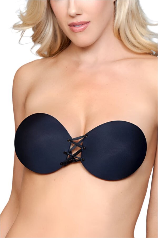 Black LuckeLadybug LLC stick on bra for dresses with lace-up front closure on woman