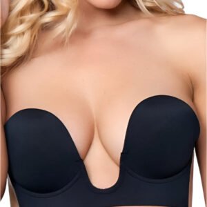LuckeLadybug LLC black adhesive deep plunge bra for low cut dresses with seamless design