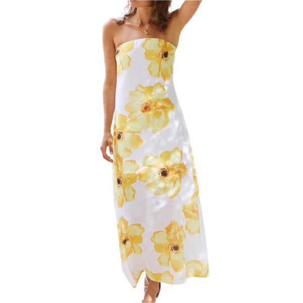 LuckeLadybug strapless floral maxi dress with large yellow flowers on white fabric