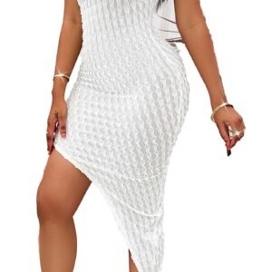 LuckeLadybug white slant neck wrap dress one shoulder textured knit bodycon with asymmetrical hem and heels