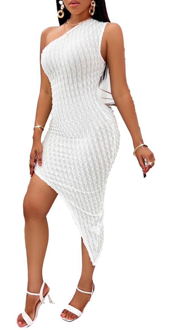 Textured One-Shoulder Slant Neck Wrap Dress 1 Textured One-Shoulder Slant Neck Wrap Dress LuckeLadybug white slant neck wrap dress one shoulder textured knit bodycon with asymmetrical hem and heels