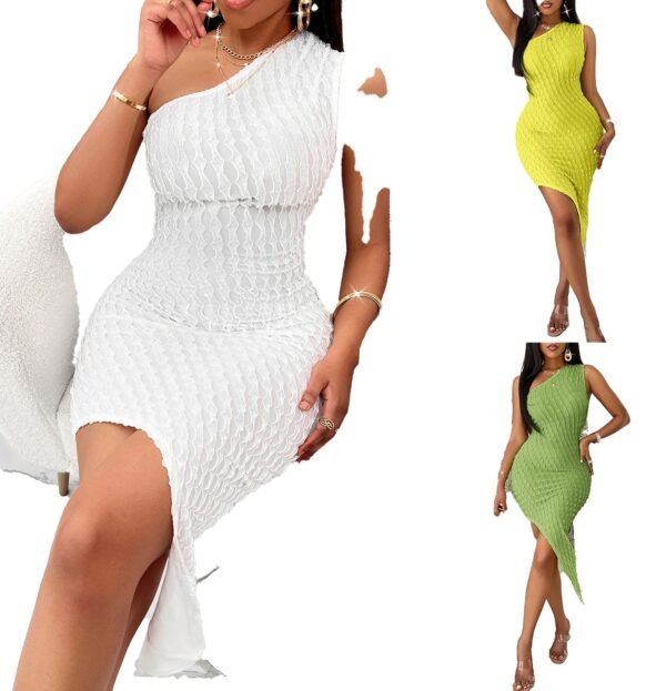 Textured One-Shoulder Slant Neck Wrap Dress 3 Textured One-Shoulder Slant Neck Wrap Dress LuckeLadybug one shoulder slant neck wrap dress in textured knit shown in white yellow and green with asymmetrical hem