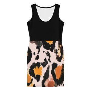 LuckeLadybug stylish bodycon dress for women with black top and abstract orange and black patterned skirt
