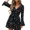 Floral Deep V Flare Sleeve Dress Tie-Waist 4 Floral Deep V Flare Sleeve Dress Tie-Waist LuckeLadybug floral black short wrap deep v flare sleeve dress with tie waist ruffle hem on model