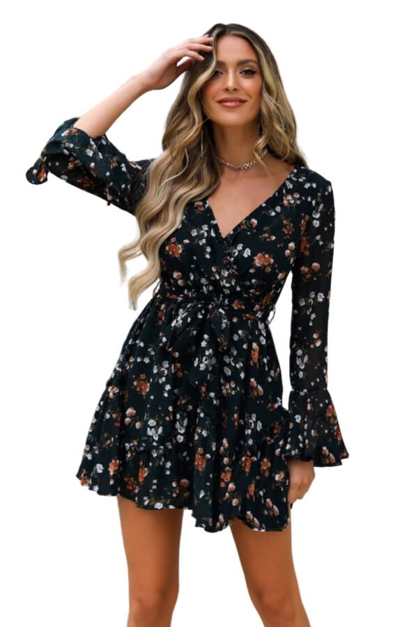 Floral Deep V Flare Sleeve Dress Tie-Waist 2 Floral Deep V Flare Sleeve Dress Tie-Waist LuckeLadybug floral black short wrap deep v flare sleeve dress with tie waist ruffle hem on model