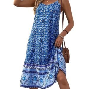 LuckeLadybug sleeveless printed summer dress in blue with floral patterns and ankle-length flowy design