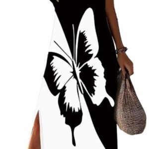 LuckeLadybug fit and flare V neck maxi with side slit featuring black and white butterfly print dress