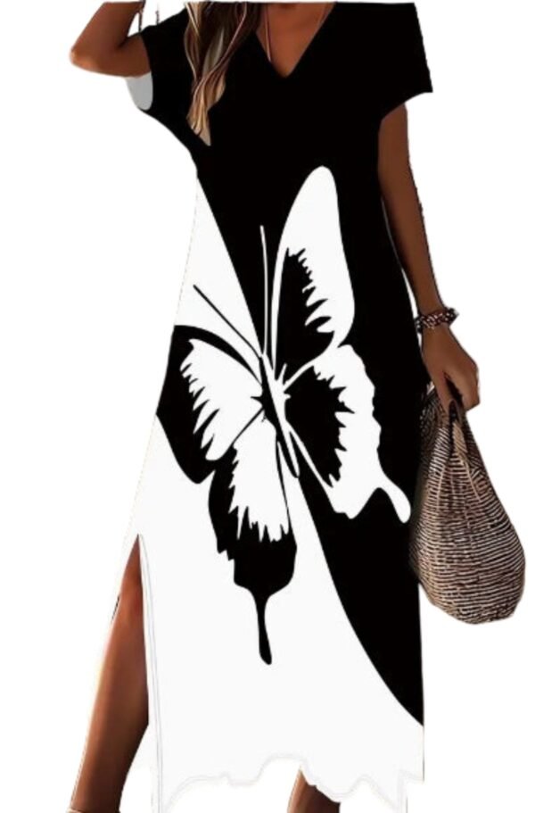 LuckeLadybug fit and flare V neck maxi with side slit featuring black and white butterfly print dress