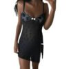 LuckeLadybug black babydoll featuring temptation lace nightwear with delicate bows and thin straps